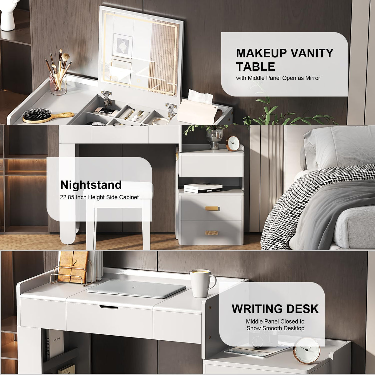 Merax Makeup Vanity Desk with Flip-Top Mirror and Lights, Modern Vanity Set with Cushioned Stool, 3-in-1 Dressing Table with Retractable Side Cabinet and Ample Drawers for Bedroom, White