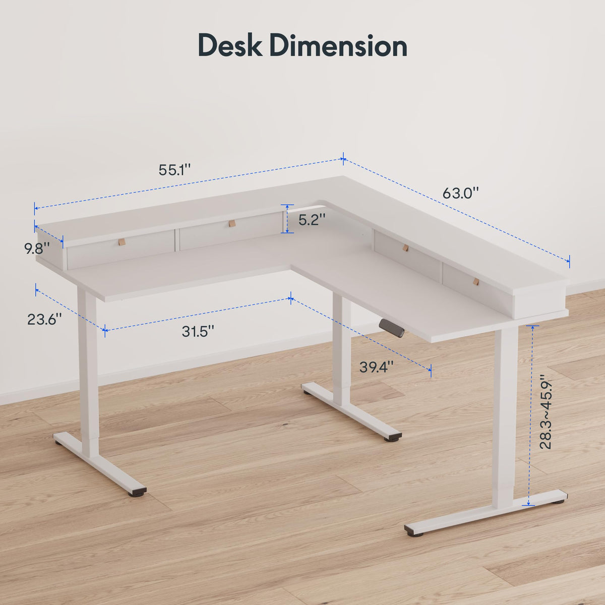 FLEXISPOT 63" L Shaped Standing Desk with Shelf Electric Corner Table, Drawers, Adjustable Computer Workstation for Home, Office,63x55in, White Top + White Frame