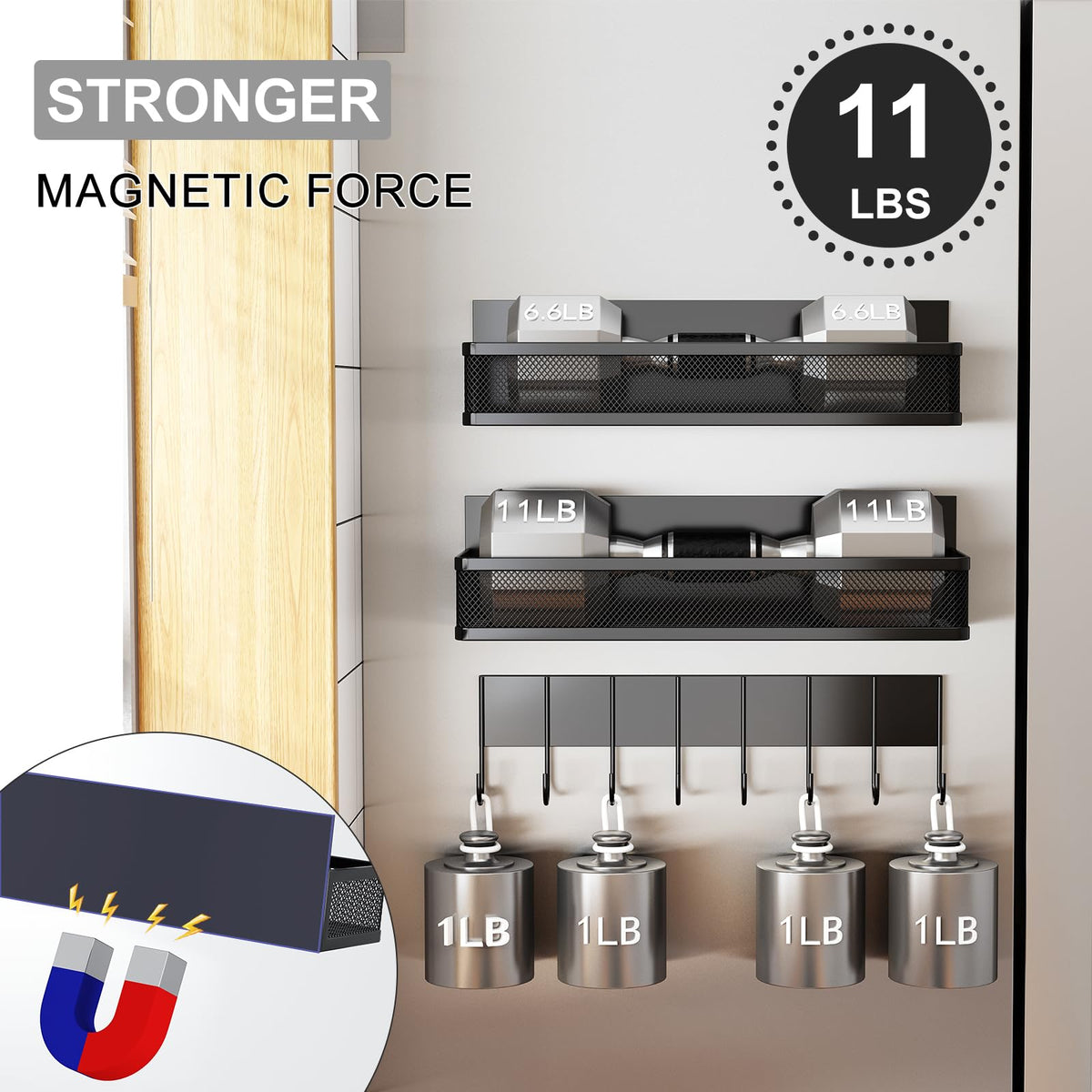 Aufworld Magnetic Spice Rack for Refrigerator, 3 Pack Magnetic Shelf, Moveable Fridge Organizer with 8-Hook Rack, Seasoning Organizer for Kitchen