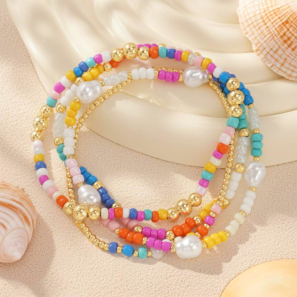 Bohxantium Gold Beaded Bracelets for Women Stack - Boho 14K Gold Plated Stretch Stackable Bracelets Set Pearl Colorful Seed Beads Trendy Dainty Jewelry Summer Beach Jewelry Gift