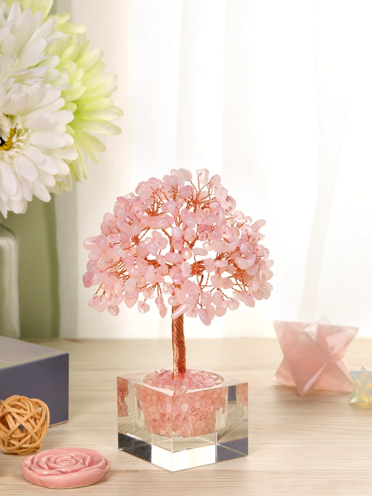 Jovivi Large Crystal Tree with Square Glass Base, Rose Quartz Healing Crystals Tree Life Natural Chipped Gemstone Money Trees Feng Shui Good Luck Positive Energy Pink Home Desk Decor