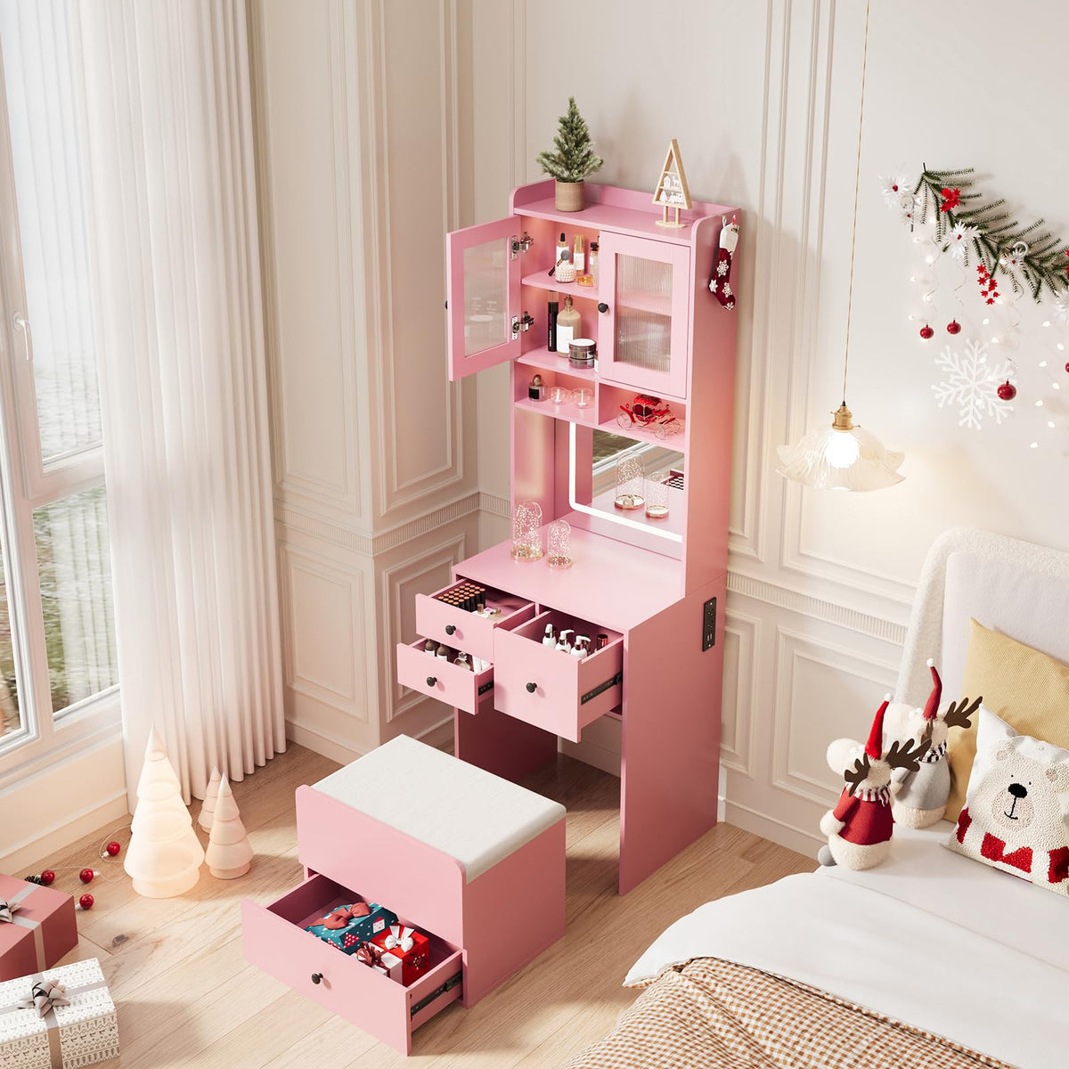 Garvee 3 in 1 Vanity Desk with LED Light, Tall Makeup Vanity Set with 2 AC Outlets & USB-c, Dressing Table with Drawers & Acrylic Doors, Nightstand Vanity Mirror, Jewelry Box, Cushioned Chair, Pink
