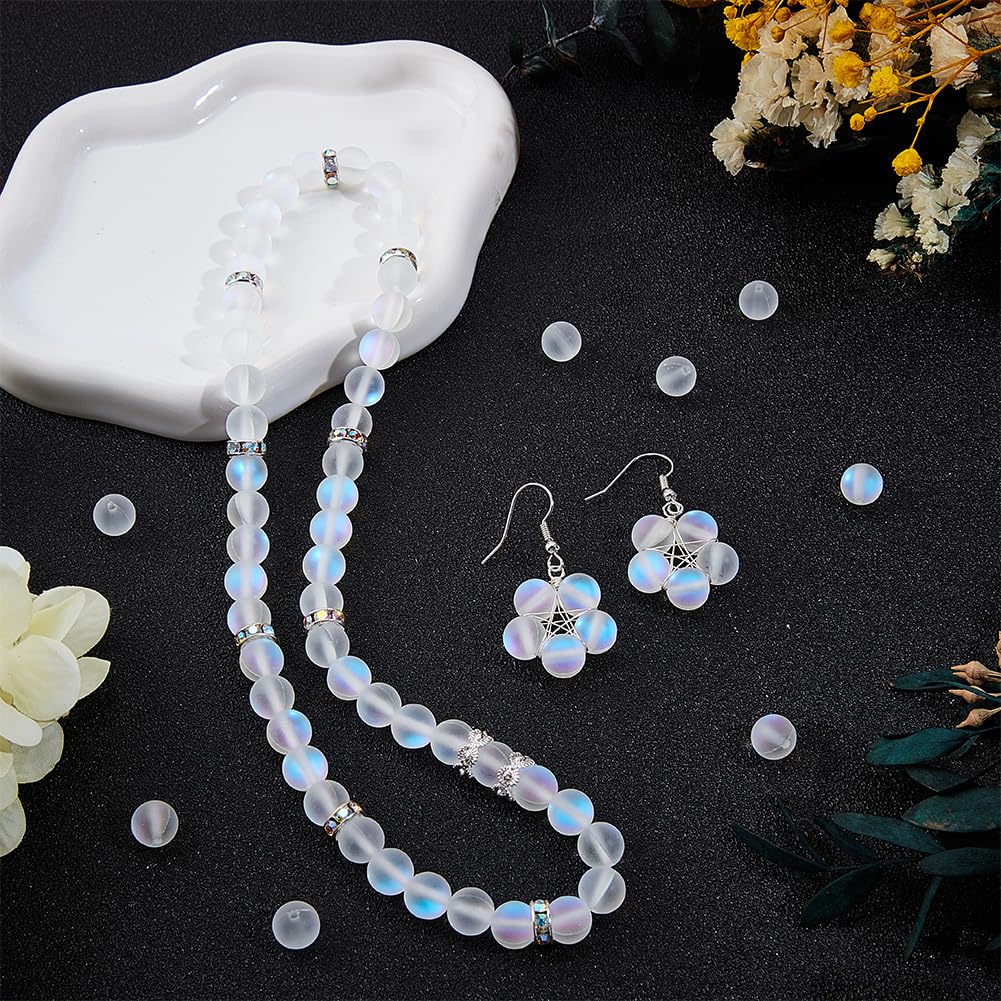 PONABEADIY 1 Box 120PCS 8MM Moonstone Matte Round Beads with Holes Iridescent Frosted White Clear Transparent Gemstone Stone Spacer Loose Bead Bulk for Jewelry Making Necklaces Bracelets DIY Craft