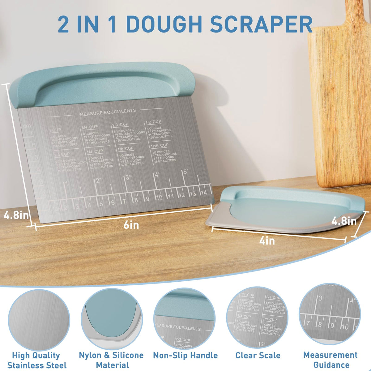 2 IN 1 Upgrade Bench Scraper, Dough Scraper for Pastry Bread Cake Pizza, Stainless Steel Dough Cutter with Conversion Chart & Measuring Scale, Bowl Scraper Food Scraper for Kitchen Baking, Blue