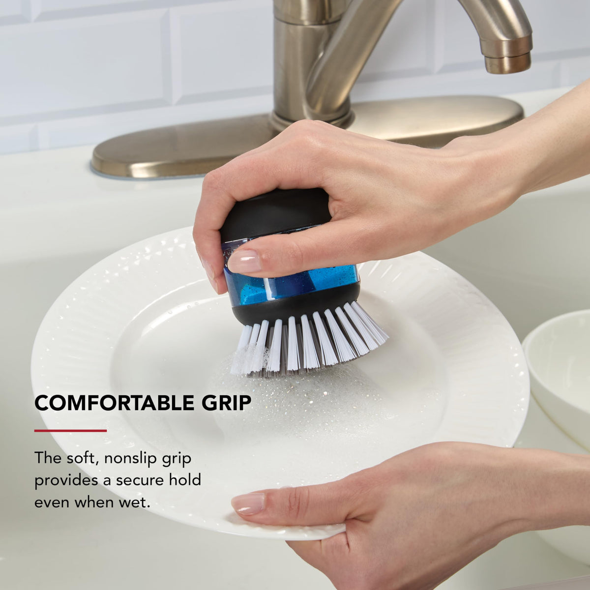 KitchenAid Soap Dispensing Palm Brush with Built in Easy to Fill Soap Dispenser, Non Slip Grip for Easy Cleaning, Safe on Non Stick Cookware, 2.95 x 2.17 x 3.54 inches, Black