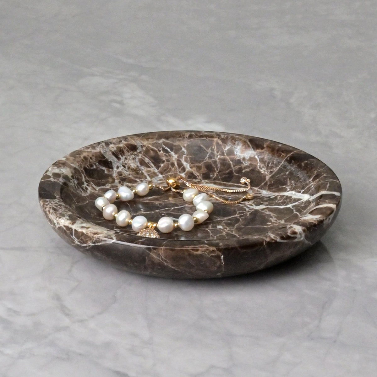ZSHAWN Natural Marble Ring Dish Jewelry Tray – 5.5" Trinket Dish for Rings Earrings Necklace, Scratch-Resistant Vanity Organizer, Elegant Gift for Women (Emperador Dark)