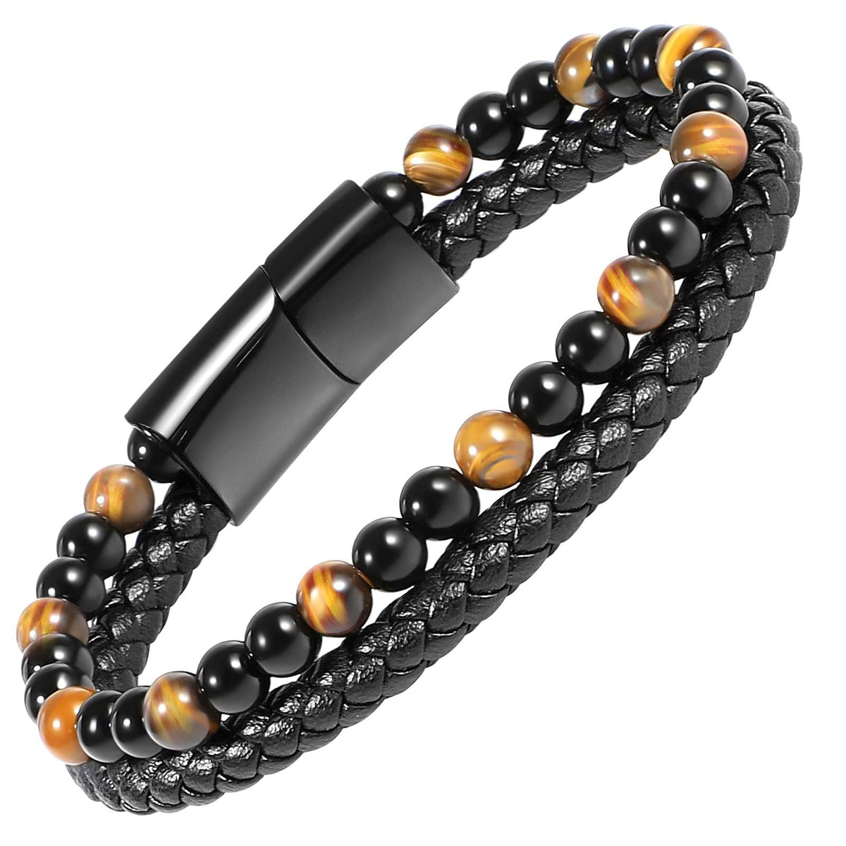Enjoy Risingsun Tiger Eye Black Leather Bracelet Men Natural Tiger Eye Obsidian Gemstone Crystal Stone Jewelry Handmade Courage And Stress Relief Protection Bracelet
