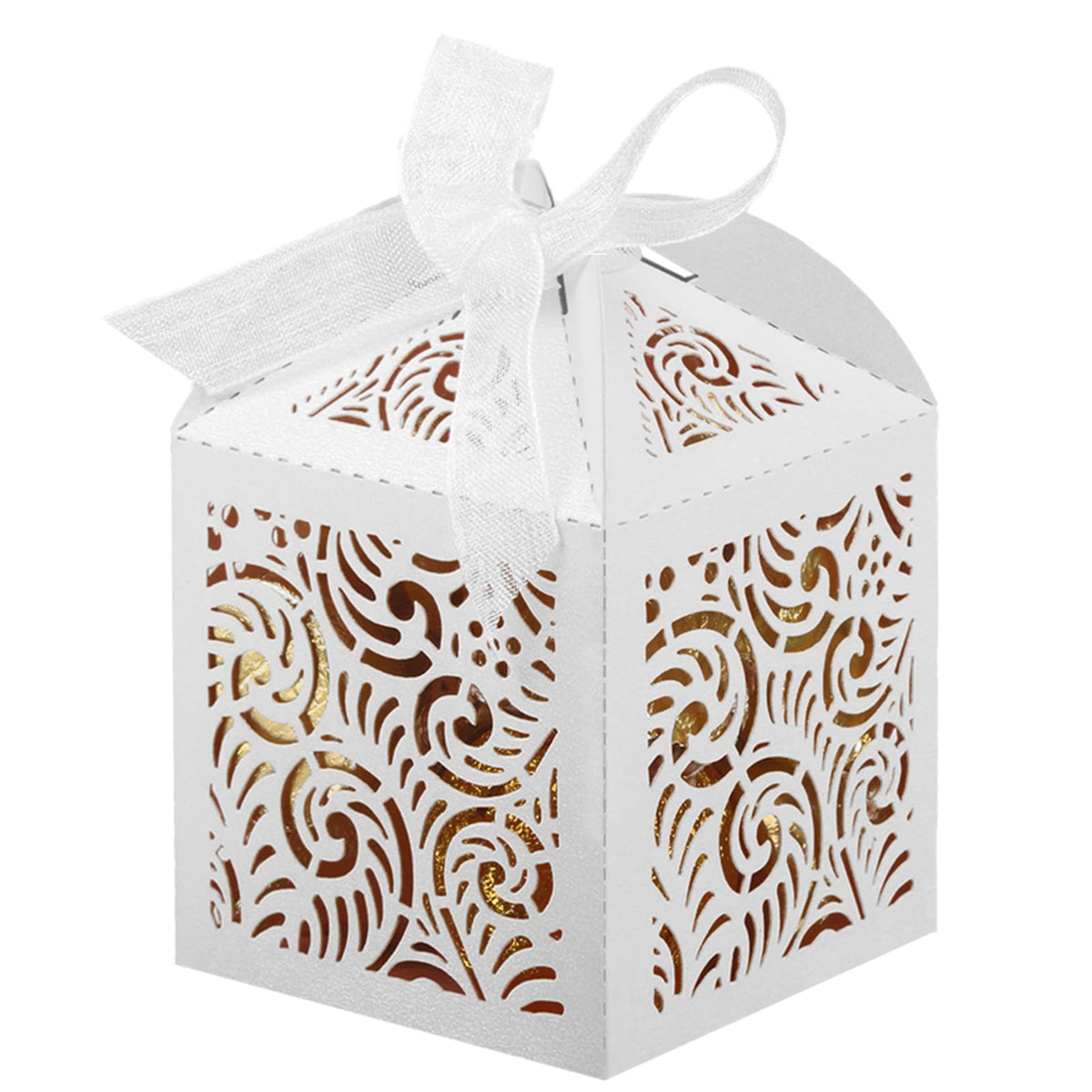 COTOPHER 100Pcs Laser Cut Favor Boxes, 2x2x2.75in Small Gift Boxes for Presents, Party Wedding Favors Boxes with Ribbon, Mini Candy Boxes for Event Bridal Shower Anniversary Birthday Christmas, White