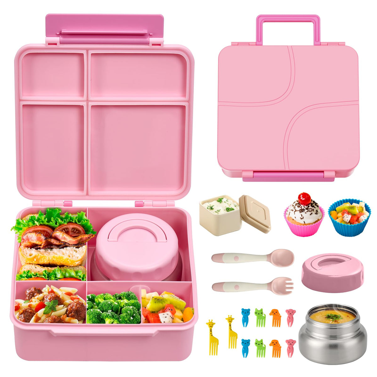 JSLOVE Bento Lunch Box with Leak Proof Thermos Food Jar for Kids, Food Lunch Containers for Girls with 4 Compartments, BPA-Free with Utensils, Food Picks, Sauce Jar & Silicone Lunch Box Dividers