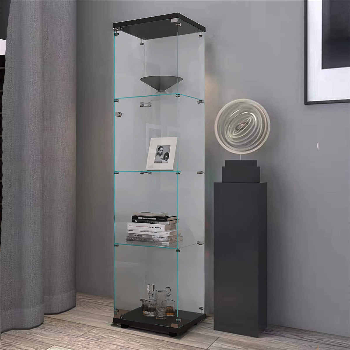 Acosure Glass Display Cabinet 4-Shelf,Curio Cabinets with Door,Floor Standing Bookshelf,Easy Assembly,for Bedroom Living Room Office,Black (17.00" L x 14.70" W x 64.00" H)