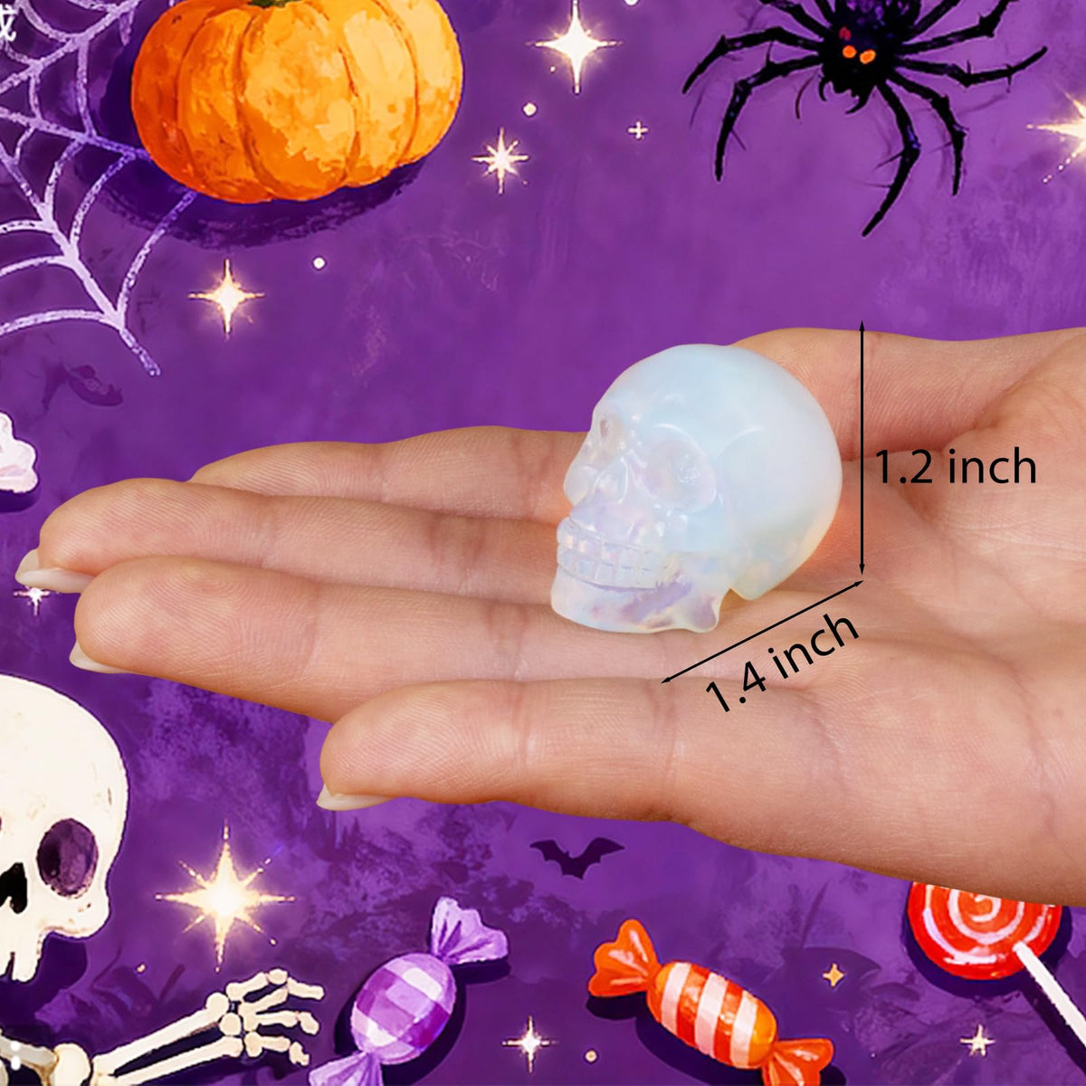 White Opalite Crystal Skull, 1.4 Inch Miniature Hand Carved Reiki Healing Pocket Stone, Small Collectible Skull Figurine for Altar Home Office Decor, Crystal Statue Meditation Gift for Men Women