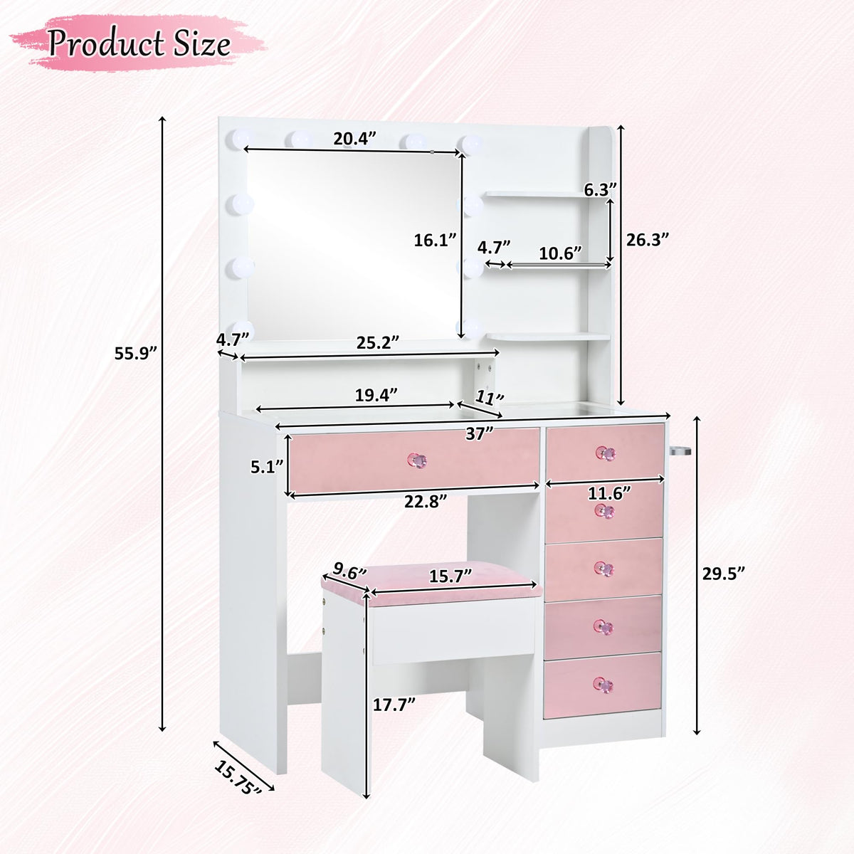 Merax Vanity Desk with Mirror and Lights, Pink Makeup Vanity Set with 9 LED Bulbs and Power Outlet, 6 Storage Drawer & Shelves, Dressing Table Set with Pink Vanity Stool for Girls & Women