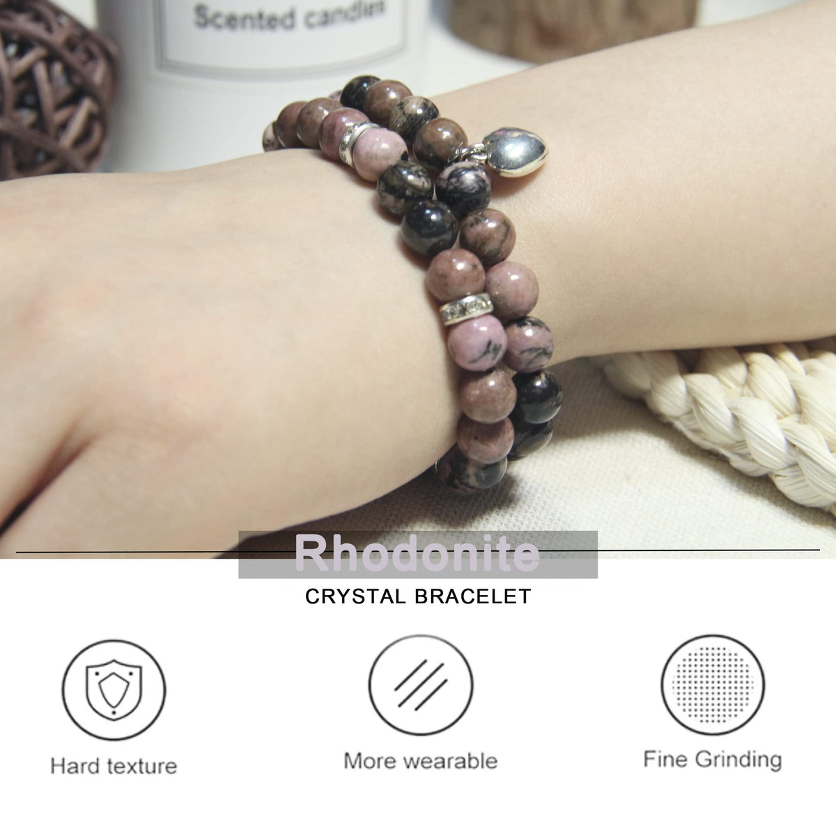 GDLKPYHS Healing Bracelets for Women - Rhodonite Bracelet - Healing Prayers Crystal Bracelet, 8mm Natural Stone Stress Relief Yoga Beads Get Well Soon Gifts