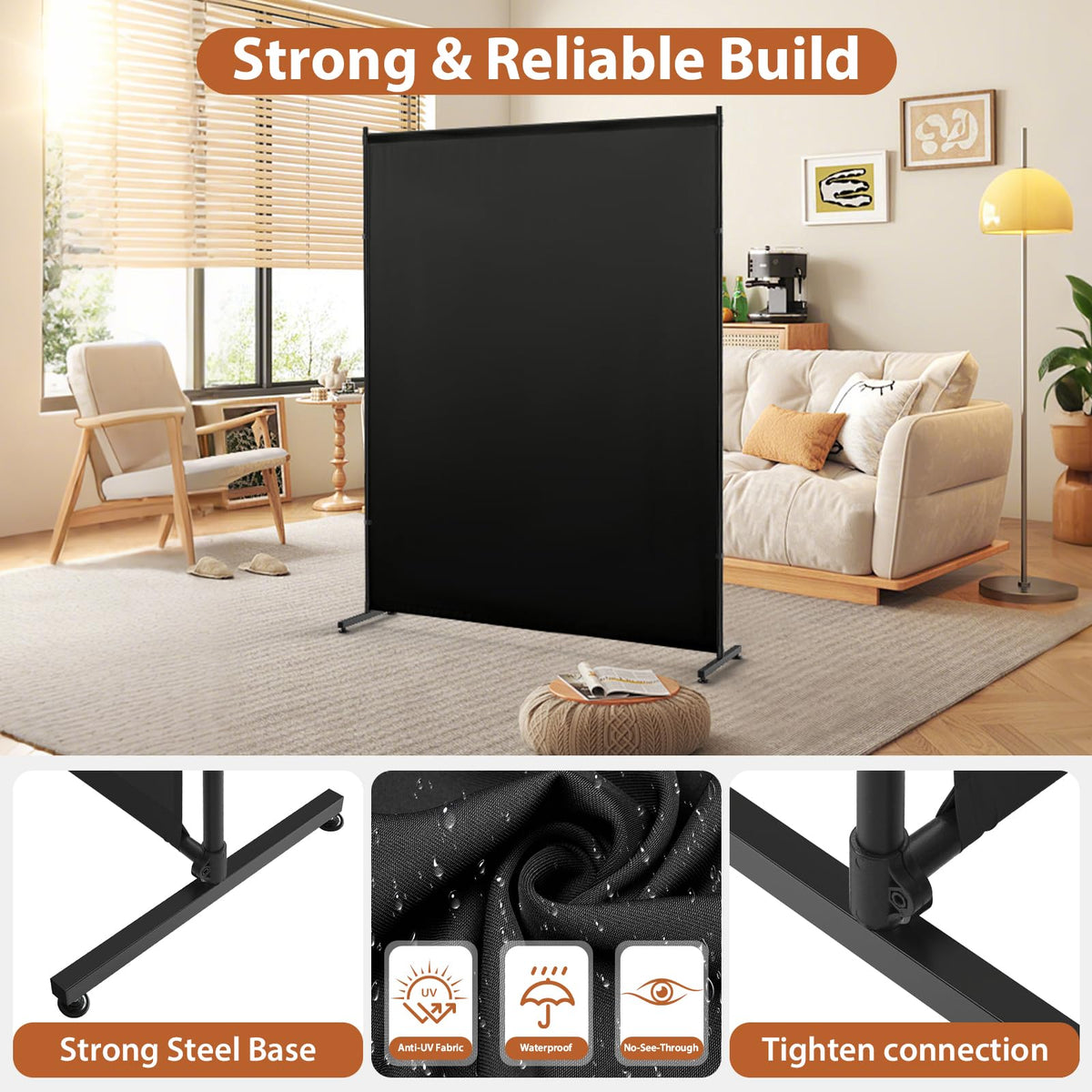 Room Divider Single Panel, 5FTX6FT Compact Privacy Screen with Thick Fabric,Temporary Partition Wall for Room Separation, Portable for Studio Apartment, Bedroom,Home Office,Black