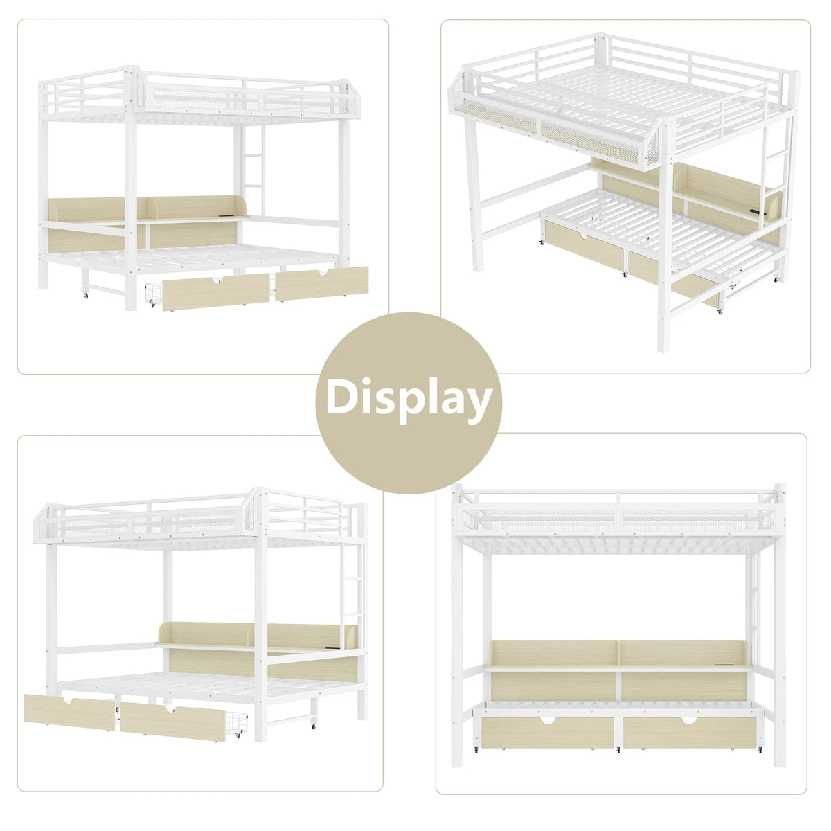 Bellemave Queen Over Queen Metal Bunk Bed with Storage Drawers and Shelves, Heavy Duty Bunk Beds with LED Lights and Charging Station for Kids,Adults,Convertible into a Sofa Bed,White