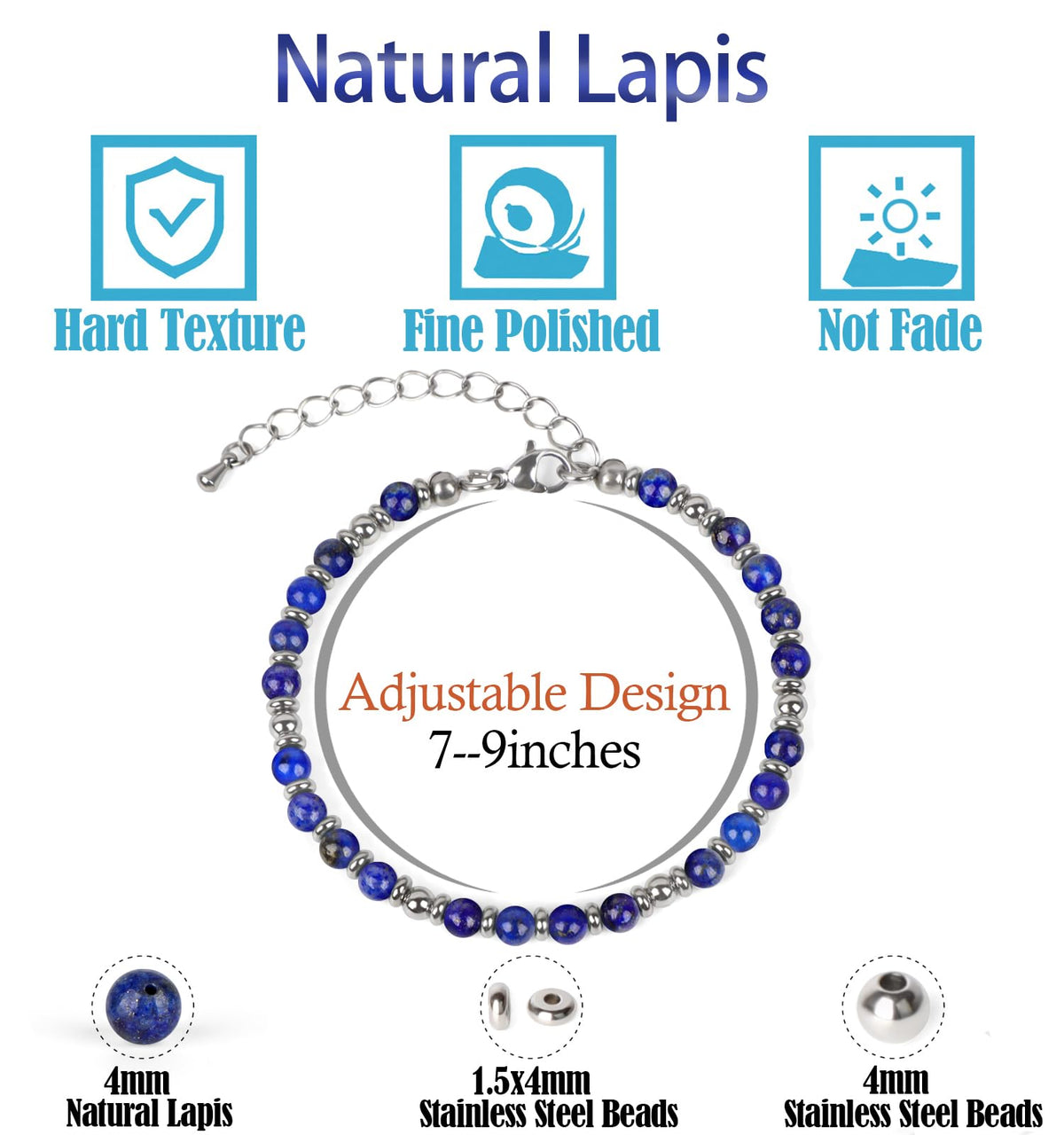 LPBeads 4mm Lapis Lazuli Tiny Beaded Bracelets For Women, Energy Gem Charm Jewelry Adjustable Bracelet Gifts for Mom, Daughter, Wife, Coworkers, Friends, Bestie
