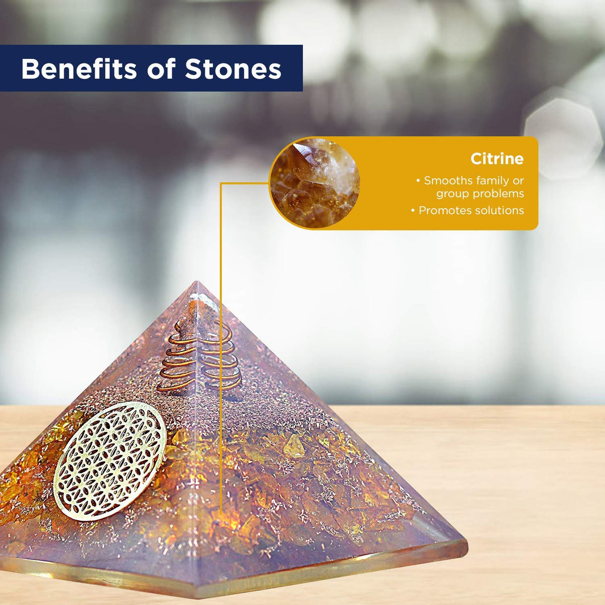 Orgonite Crystal Citrine Flower of Life Orgone Pyramid for Wealth and Success – Merchant’s Stone for Comfort and Positive Energy - Crystal Carries Power Of Sun - Handmade In India