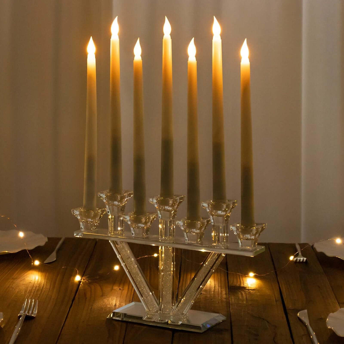 Efavormart 12" Crystal Glass Candelabra with Crystal Filler, 7-Branch Taper Candle Stick Holder Stand with Mirror Rectangular Base