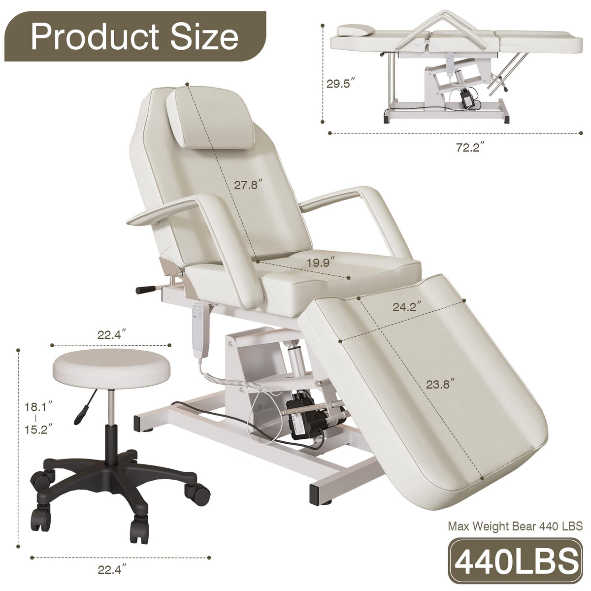 YOCONYO Electric Facial Bed for Esthetician, Tattoo Chair for Client Spa Massage Chair with Hydraulic Stool, 3 Section Esthetician Bed for Home Spa Beauty (White)