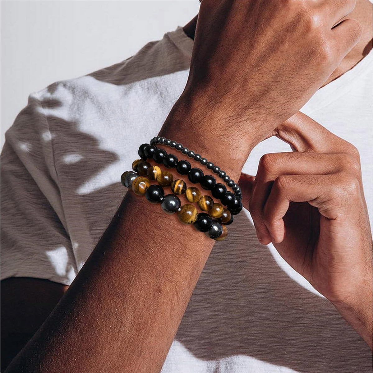 Vinswet 4pcs Natural Stone Beaded Bracelets for Women Men,Genuine Tigers Eye Black Obsidian and Hematite Bracelet,Handmade Triple Protection Bracelet Bring Luck and Prosperity and Happiness