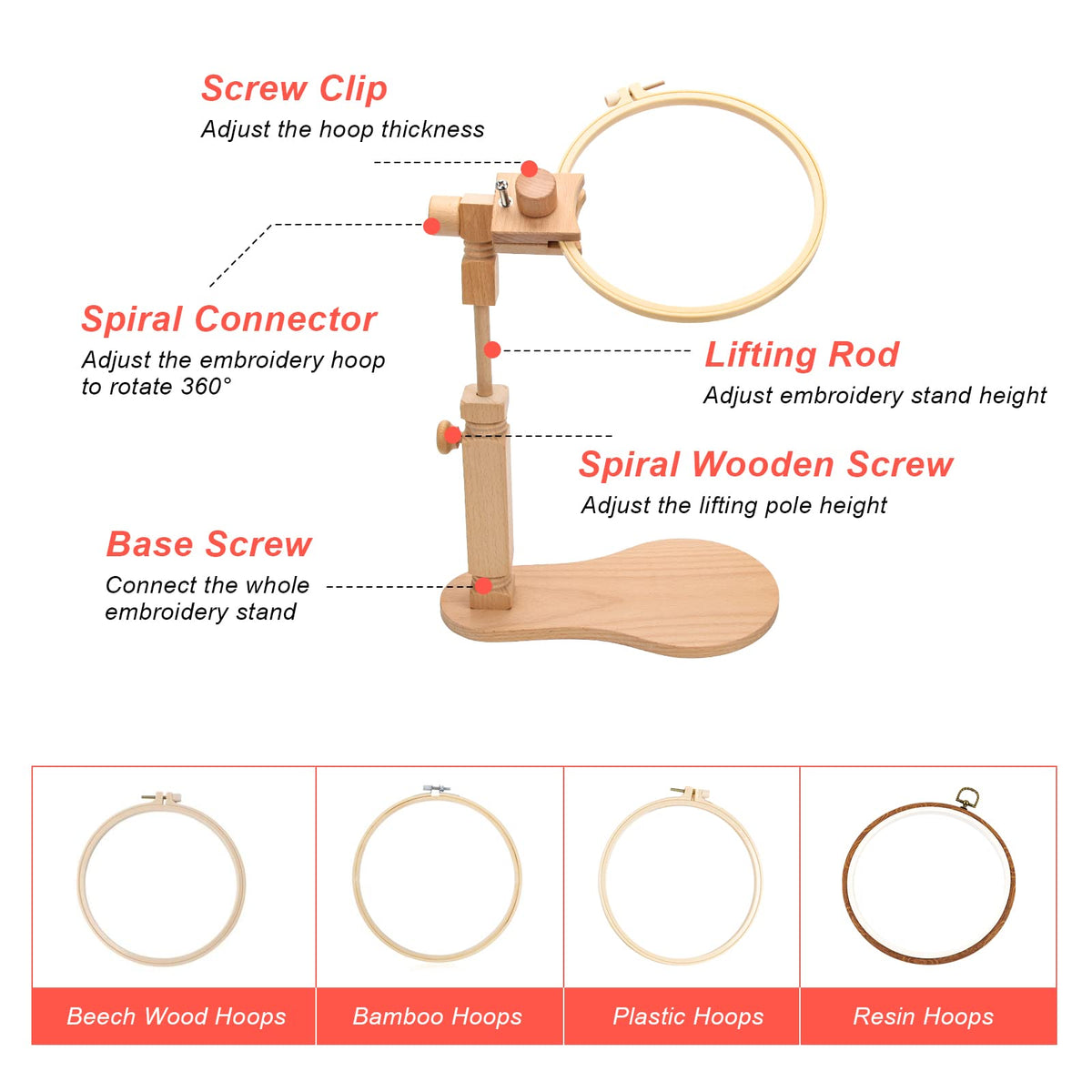Catcan Embroidery Hoop Stand with 2 PCS 7'' 5'' Embroidery Hoops, Adjustable Rotated Wooden Cross Stitch Hoop Stand, Hands Free Embroidery Hoop Holder for Arts Crafts Sewing Embroidery Project