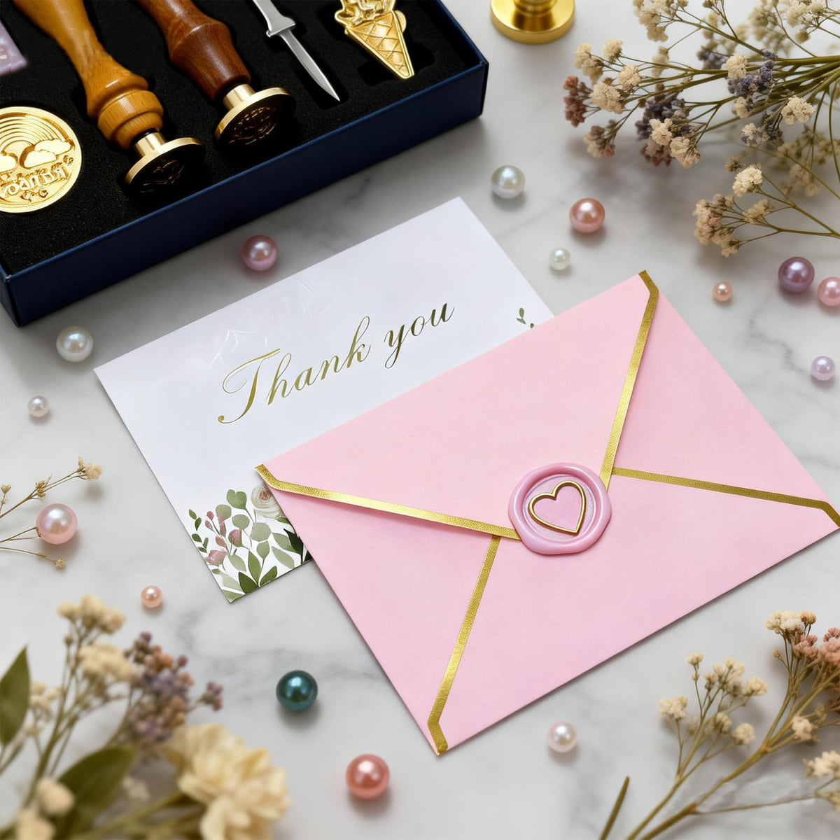 39Pcs Wax Seal Stamp Kit,Vintage Classic Sealing Wax Stamp Heads with Wooden Handle & Metal Wax Seal Molds and Spoon, with Envelope Greeting Card, for Gift Wrapping,Wedding & Party Invitations