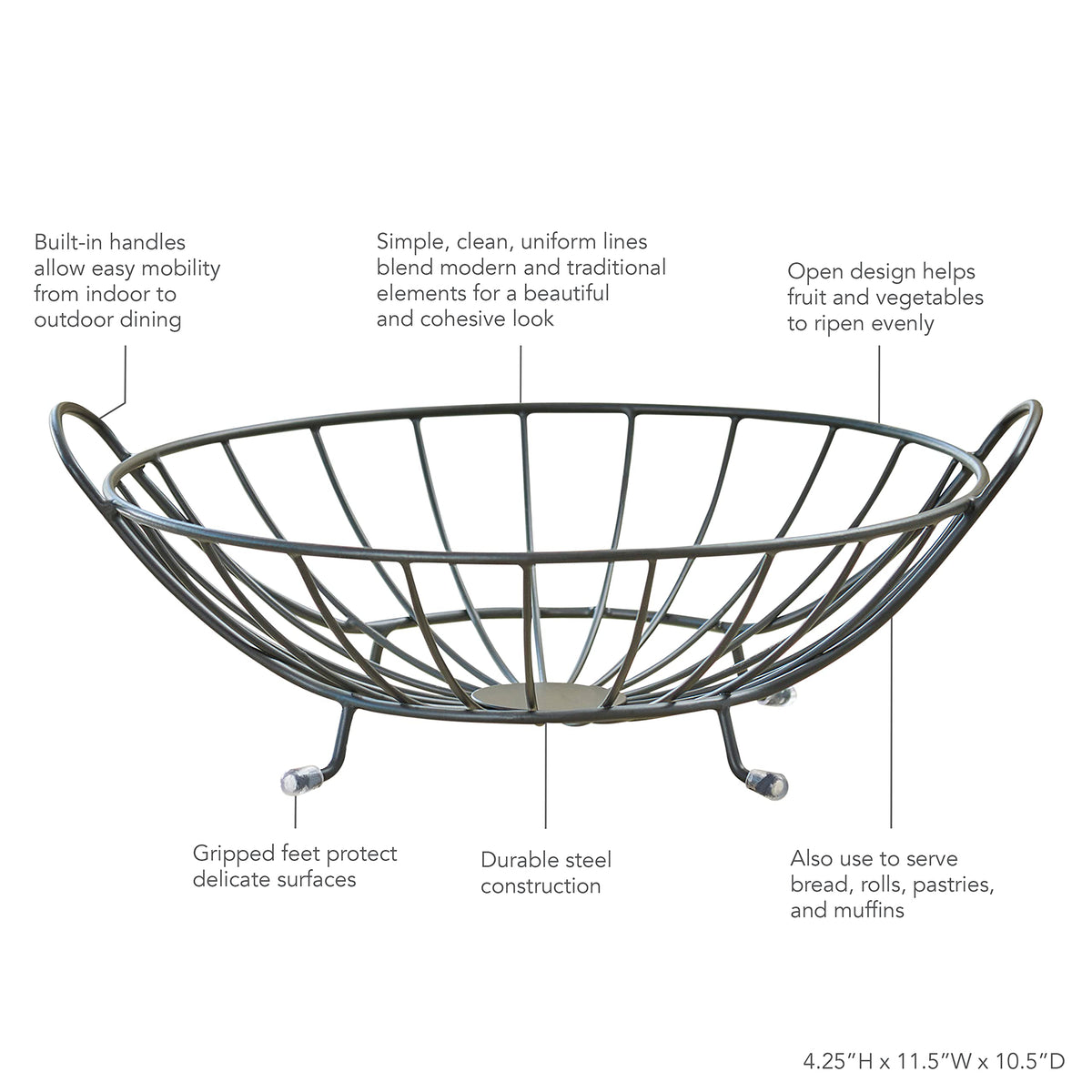 Spectrum Yumi Arched Fruit Bowl for Dining Room Table Kitchen Counter Fruit Organizer, Black Wire Fruit Basket Stand for Fresh Produce Vegetables and Bread, Sturdy Steel Open Design Home Decor