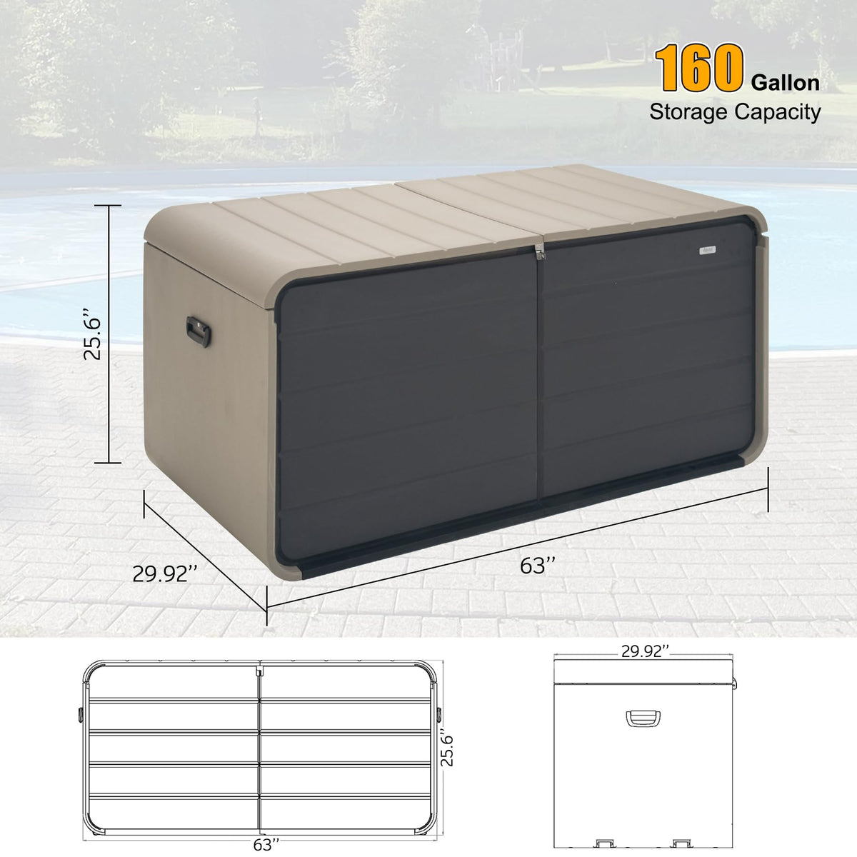 Domi 160 Gallon Resin Deck Box, Waterproof & UV-Resistant Outdoor Large Storage Box Lockable Storage Bin for Patio Cushions Pool Supplies Garden Tools and Delivery Storage