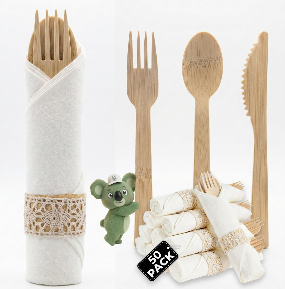 Pre Rolled Napkin and Bamboo Cutlery Set - 50 Pack Bamboo Utensils Wooden Cutlery 50 Forks 50 Knives 50 Spoons 50 Napkins, Pre Wrapped Disposable Silverware Cutlery for Party, Wedding, Events