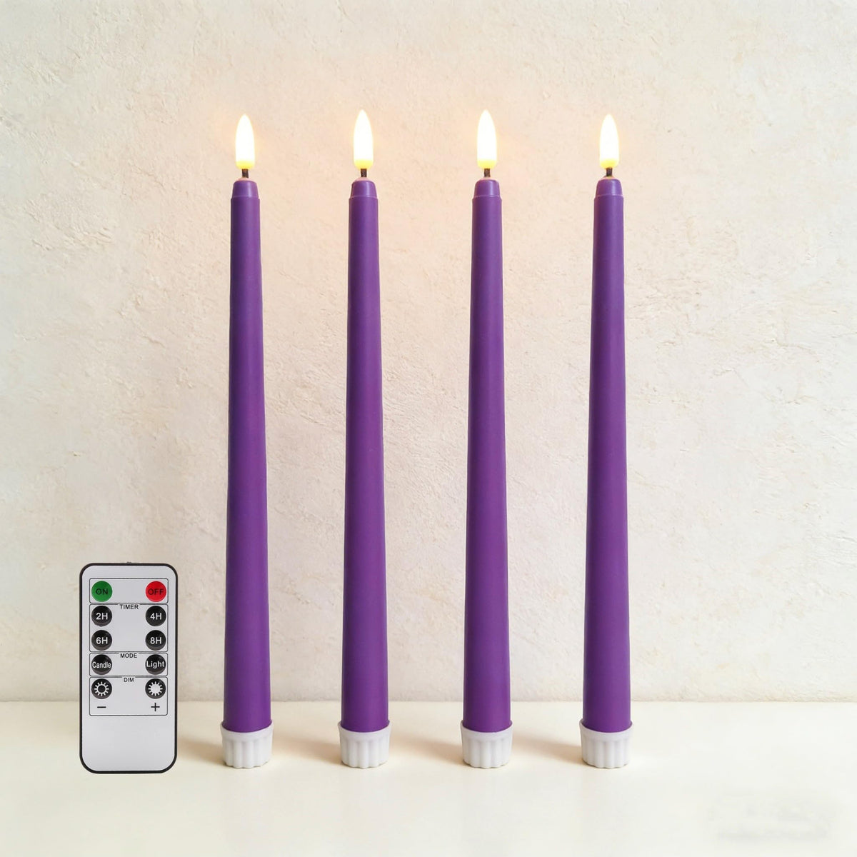 Ni-JASW Purple Flameless Taper Candles with Remote, Battery Powered LED Candlesticks Flickering Home Decor Set of 4