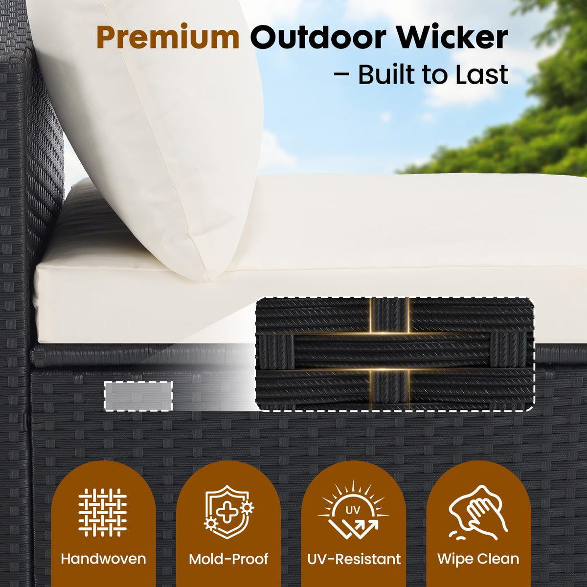 Sweetcrispy 7-Piece Outdoor Patio Sectional Sofa, Modular PE Wicker Outdoor Sectional with Thick Cushions, Rattan Patio Sofa Set with Coffee Table for Backyard, Poolside, Garden, Deck, Black