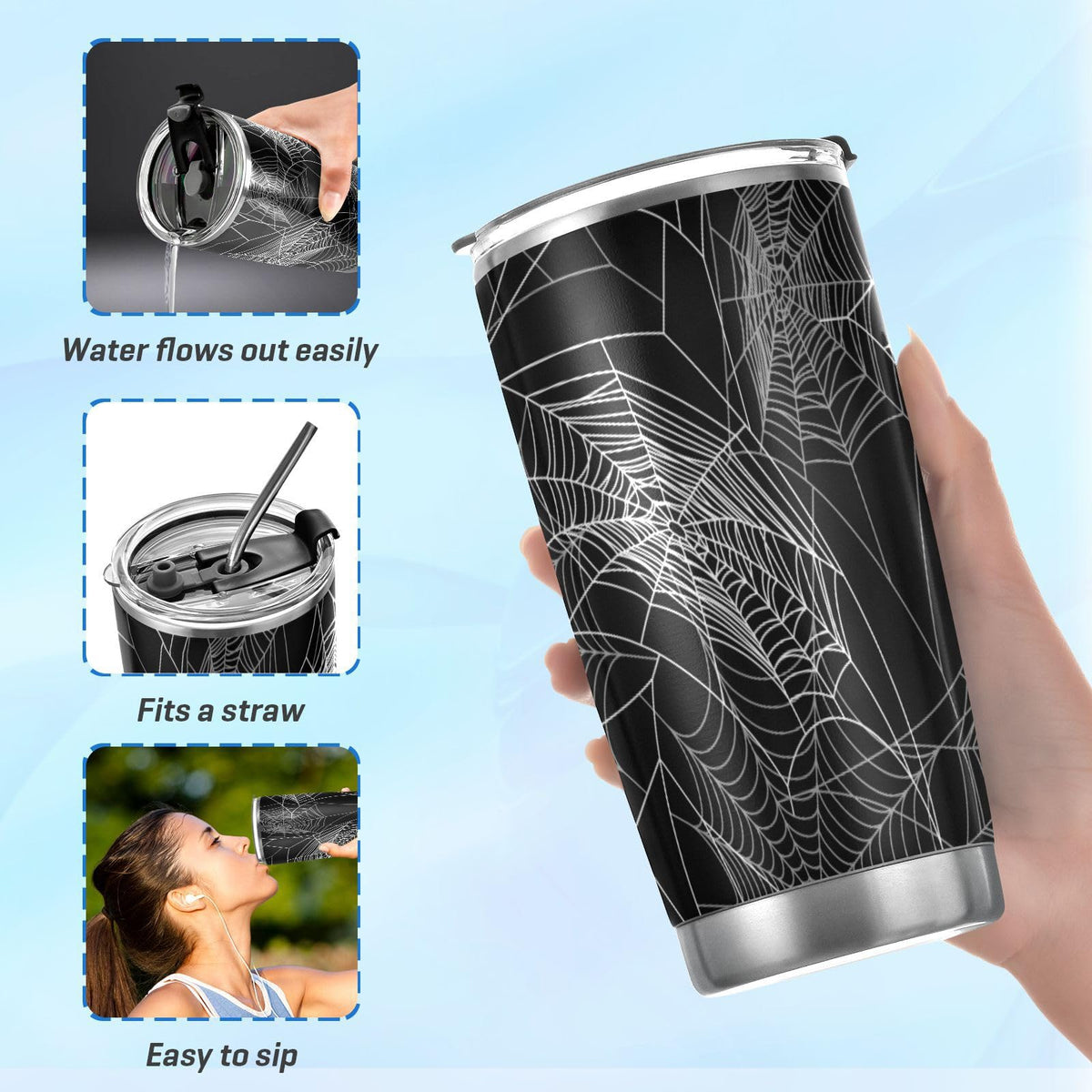 Yasala Halloween Tumbler Spiders Web White Insulated Coffee Cup Back to School Beverage Container Office Travel Mug with Straw and Lid 20oz Holiday Gift Day of The Dead Present