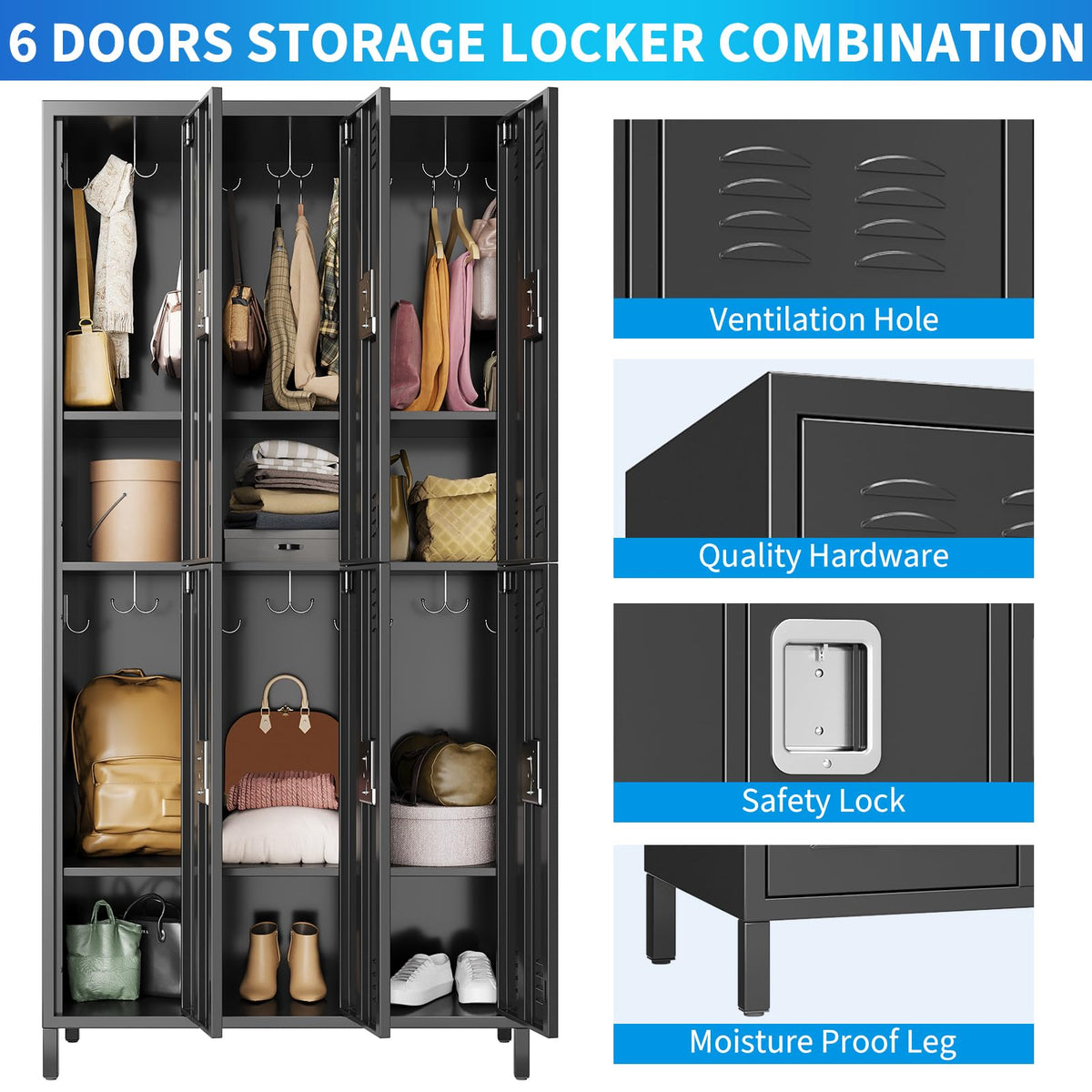 PioneerWorks Metal Locker 6 Door Storage Cabinet, Gym Storage Locker with Hook for Gyms, Schools, Classrooms, Homes, Offices and Employee Dormitories