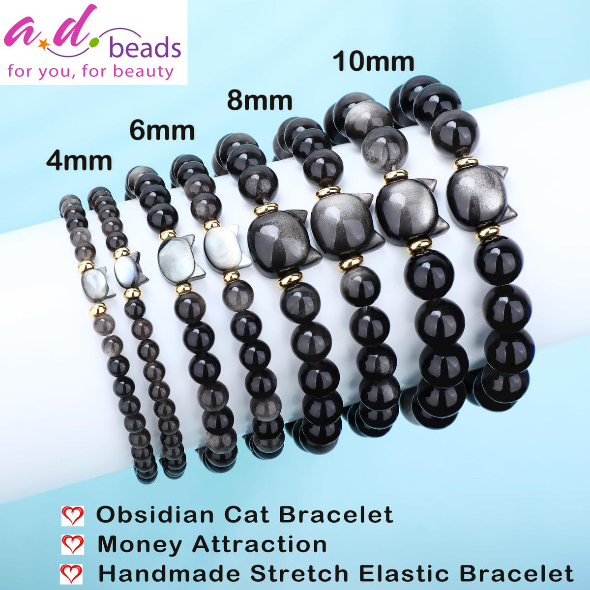AD Beads 8mm Handmade Obsidian Cat Bracelet Elastic Bracelet – Natural Gemstone for Money Attraction – Meditation, Yoga, Healing and Energy Gift for Men Women
