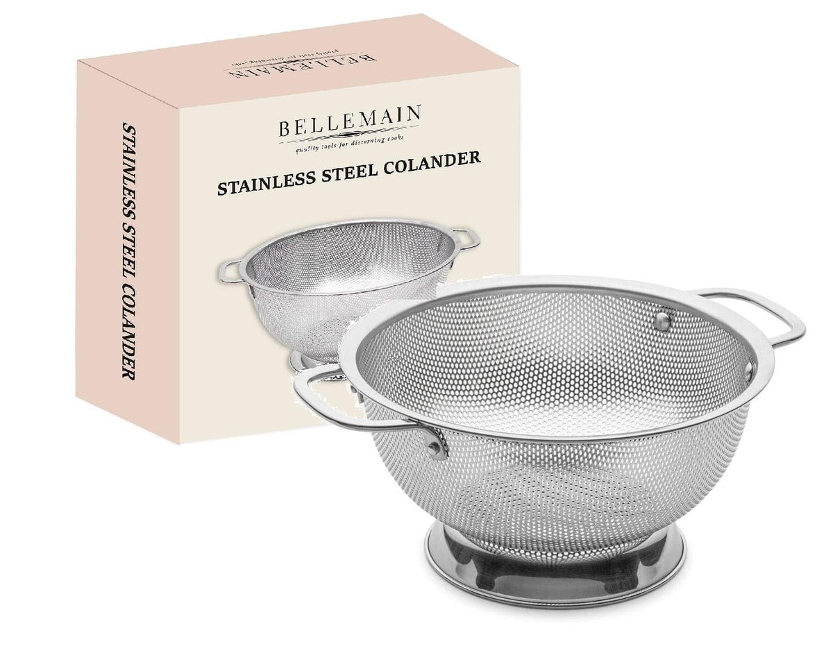 Bellemain 3 Qt Metal Colander with Handle | Pasta, Spaghetti, Berry, Fruit, Vegetable, Kitchen Food Strainer Basket | 18/8 Stainless Steel Colander Bowl | Pot Drainer for Cooking, Sifter Strainer