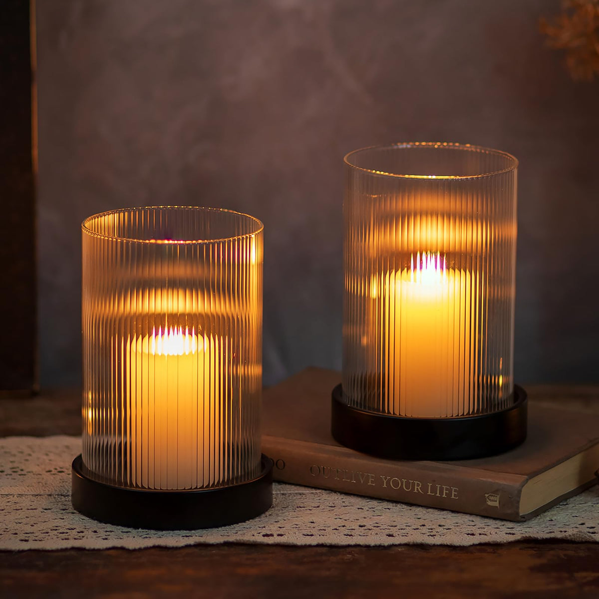 Hewory Ribbed Hurricane Candle Holder: Black Votive Candle Holders Set of 2, Glass Hurricane with Metal Candle Plate, Pillar Candle Holder for Table Centerpiece Christmas Wedding Holiday Home Decor