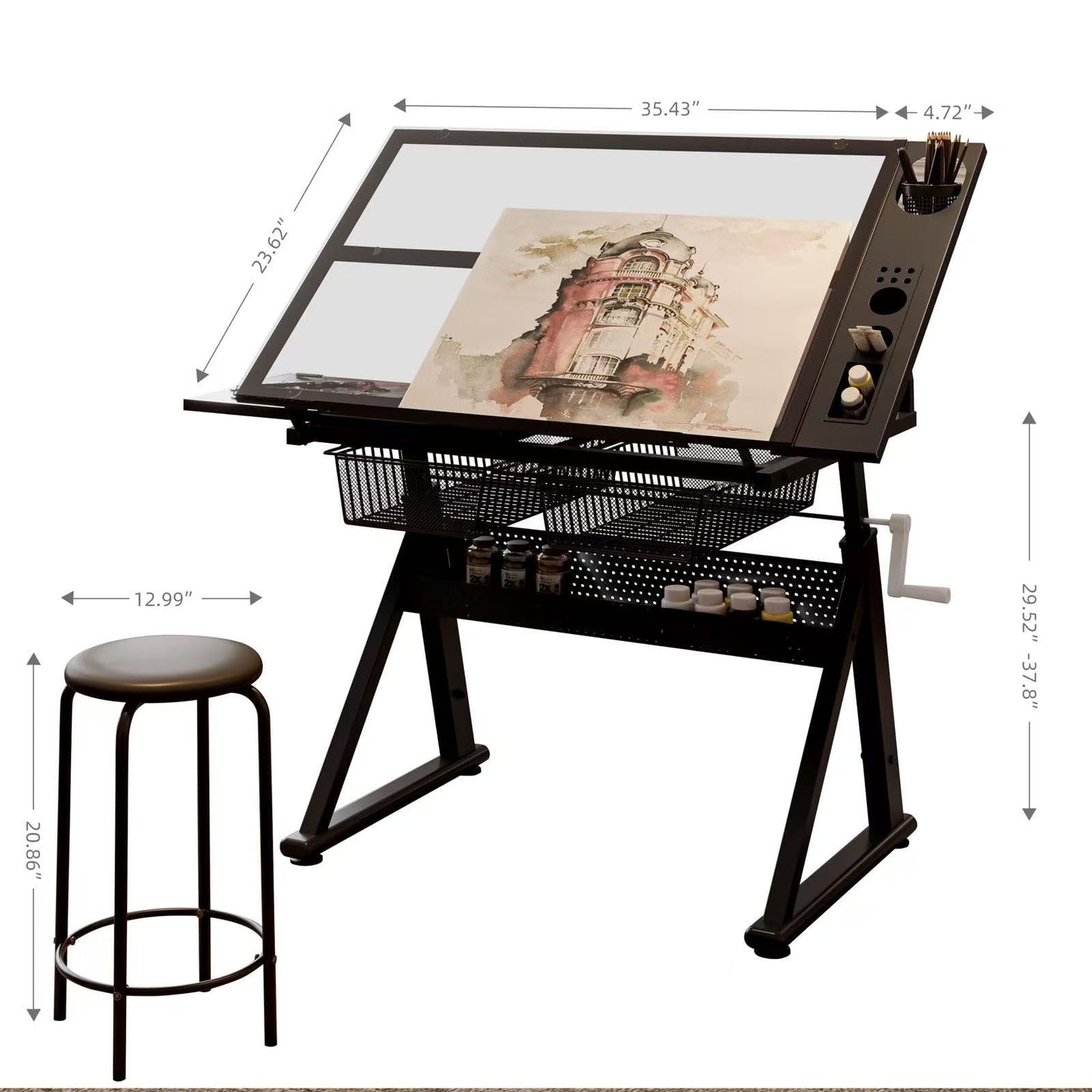Landpink Adjustable Drawing Table for Artists | Drafting Desk with Tilted Glass Top | Art & Craft Table for Adults (Black, Smart Upgrade-29.52’’- 37.8'' H)