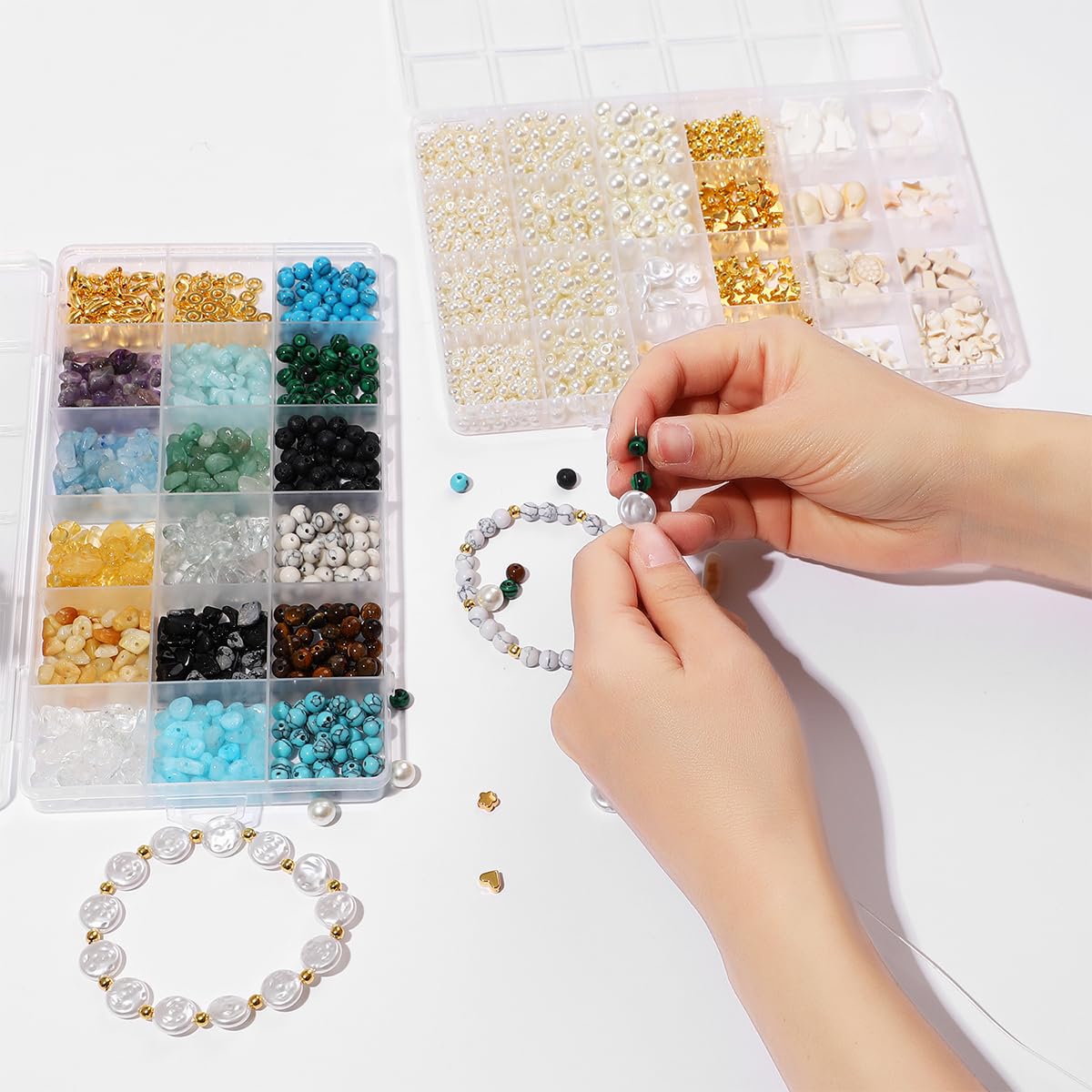 2100Pcs Jewelry Making Kit for Adults Women with Pearl Bead Crystal Beads Shell & Turquoise, 20 Colors Beads with Gold Bead Beading Kit for Bracelets, Necklace, Ring DIY Crafts Jewelry Making Kit