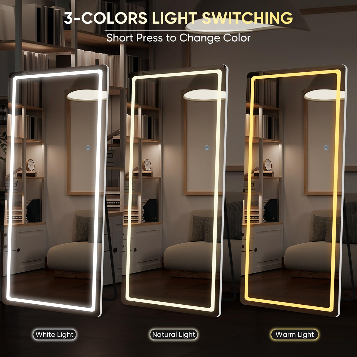 LadyNow LED Full Length Mirror, 76" x 34" Rect Style, Floor Standing or Wall Hanging, Lighted, Aluminum Frame