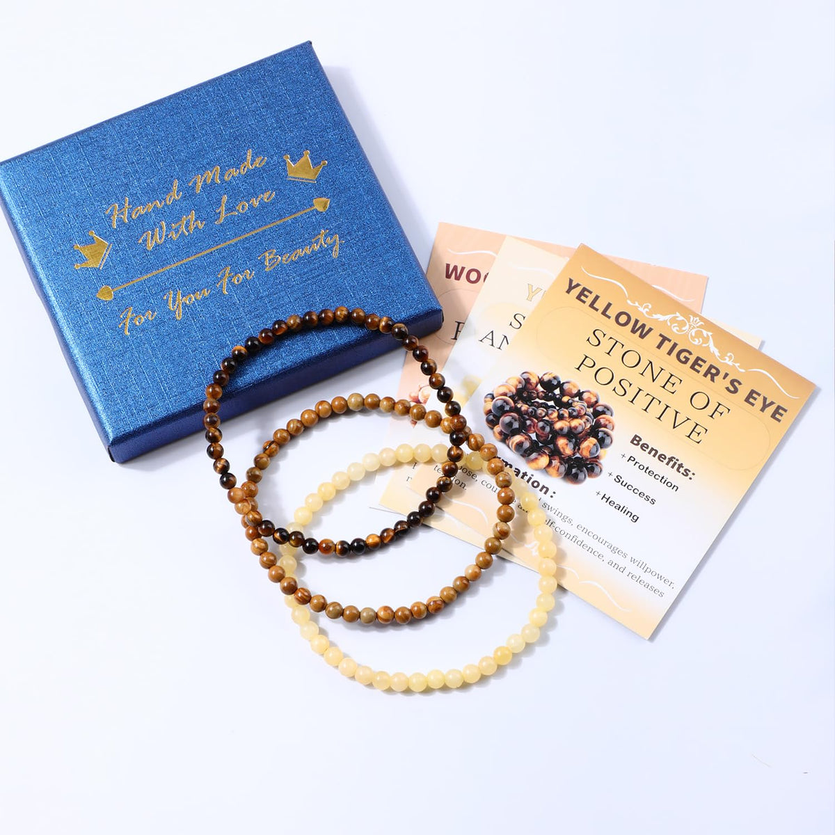 NCB 3-Piece 4mm Natural Crystal Gemstone Stretch Bracelets – ﻿Woodgrain Jasper, Yellow Jade, Yellow Tiger's Eye Handmade Reiki Energy Healing Jewelry for Meditation,Yoga, Unisex