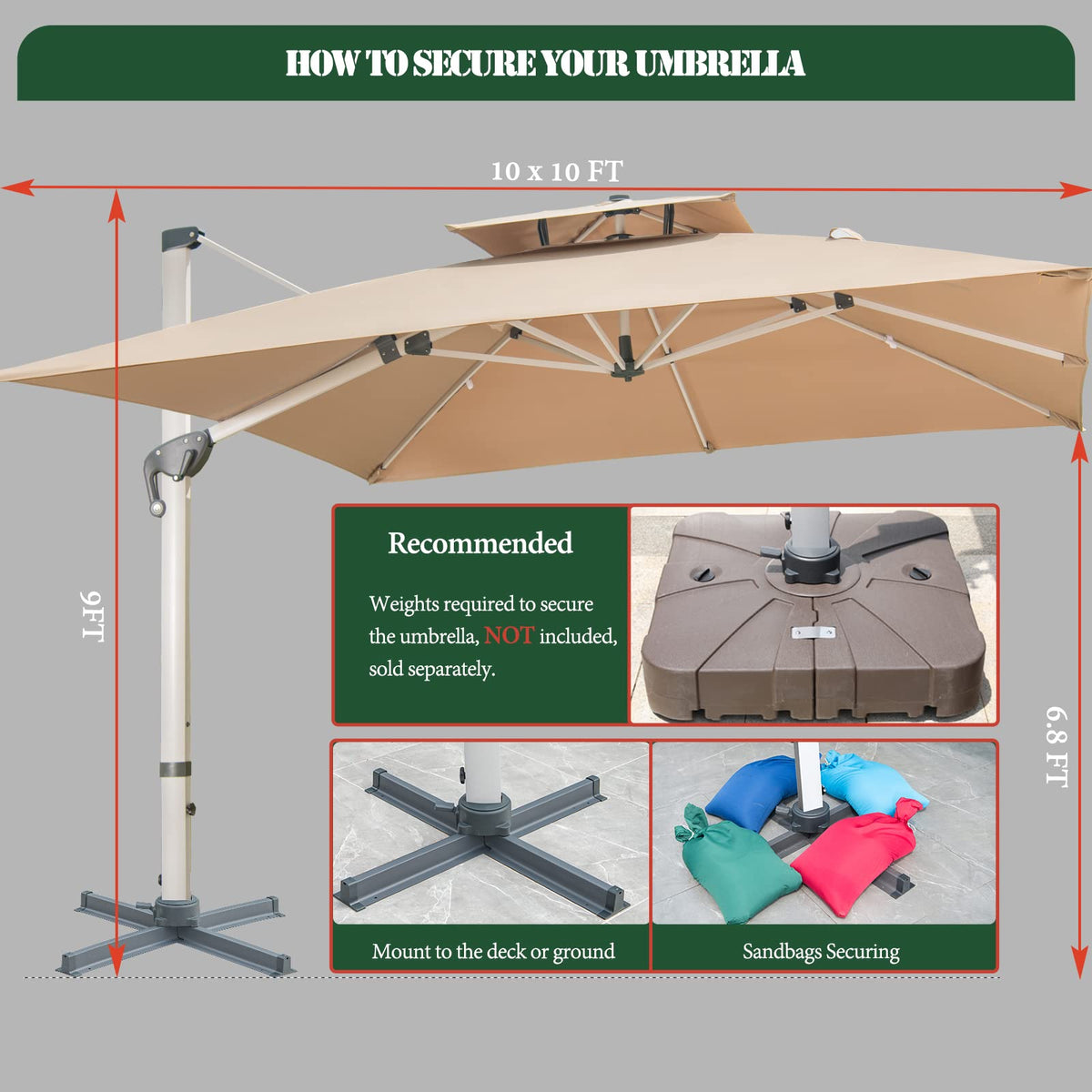 Mojia Cantilever Patio Umbrella with Cross Base and Cover Included - 360° Rotation Large Heavy Duty Offset Outdoor Umbrella with Easy Tilt for Pool Backyard Deck Garden (10x10 FT Khaki)
