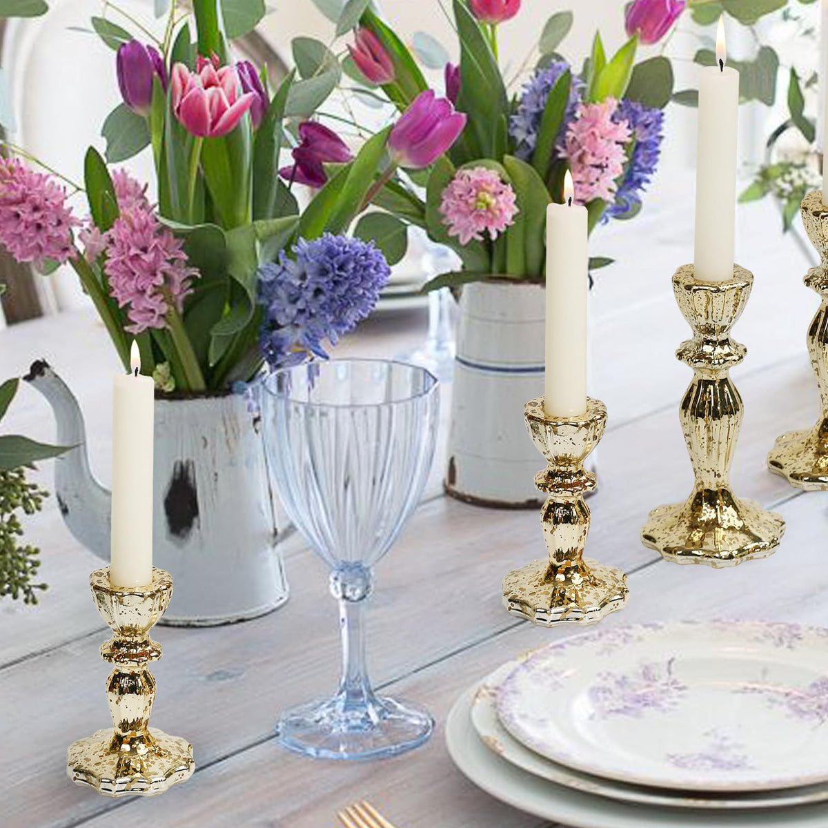 CHOCSTAY Candlestick Holders Set of 3, Gold Glass Mercury Candle Holders for Candlesticks, Table Centerpiece, Home Decor, Wedding, Birthday, Party, Christmas