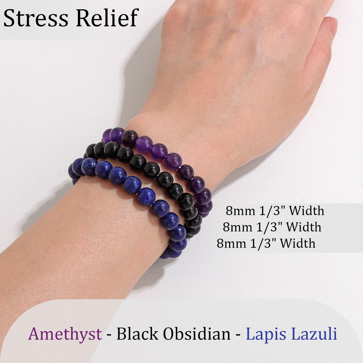 Vinswet Healing Crystal Bracelets for Women Men 8mm Amethyst Lapis Lazuli Black Obsidian Natural Stone Beaded Stretch Bracelet Handmade Gemstone Stress Relief Reiki Spiritual Jewelry Gifts