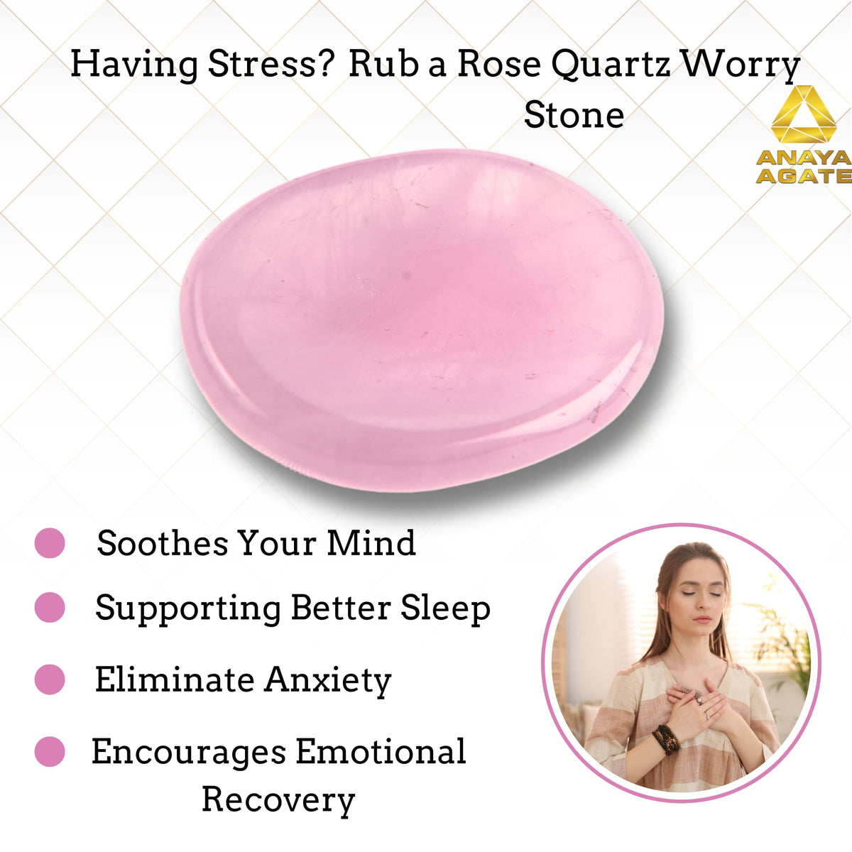 Anaya Agate Rose Quartz Worry Stones Certified Crystal Thumb Worry Stone for Anguish, Relaxing and Soothing Balance Stones for Meditation, Stress Relief Crystals and Healing Stones for Men, Women