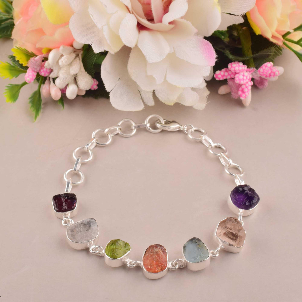 MANILATA Natural Multi Stone 7 Chakra Bracelet Spiritual Protection, Adjustable link Bracelet, Healing Crystals, Birthday, Gift for Her, Gemstone Jewelry 8 inch AAA+ Quality