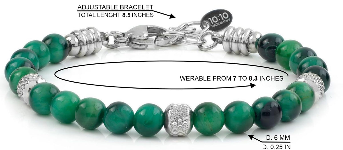 10:10 Beaded Bracelets for Men and Women – Natural Green Tiger Eye Gemstones and Stainless Steel – Adjustable, Durable and Elegant – Made in Italy