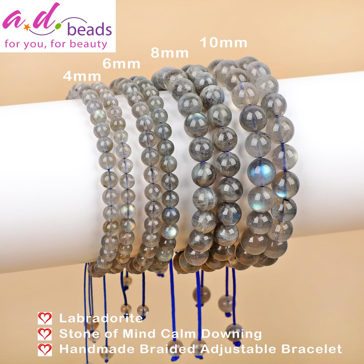 AD Beads 4mm Labradorite Bracelet - Stone of Mind Calm Downing - Handmade Natural Stone Crystal Bracelet with Adjustable Macrame String - Yoga Healing Power Energy Gifts for Men and Women
