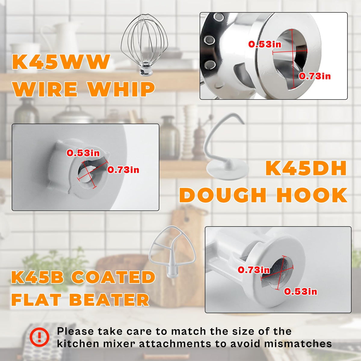 3 Pack Mixer Attachments for Kitchen Aid 4.5-5 Quart Tilt-Head Stand Mixers, Heavy-Duty Metal,Includes K45DH Dough Hook, K45B Flat Beater,K45WW Wire Whip, Dishwasher Safe Replacement Kit by TOMOON