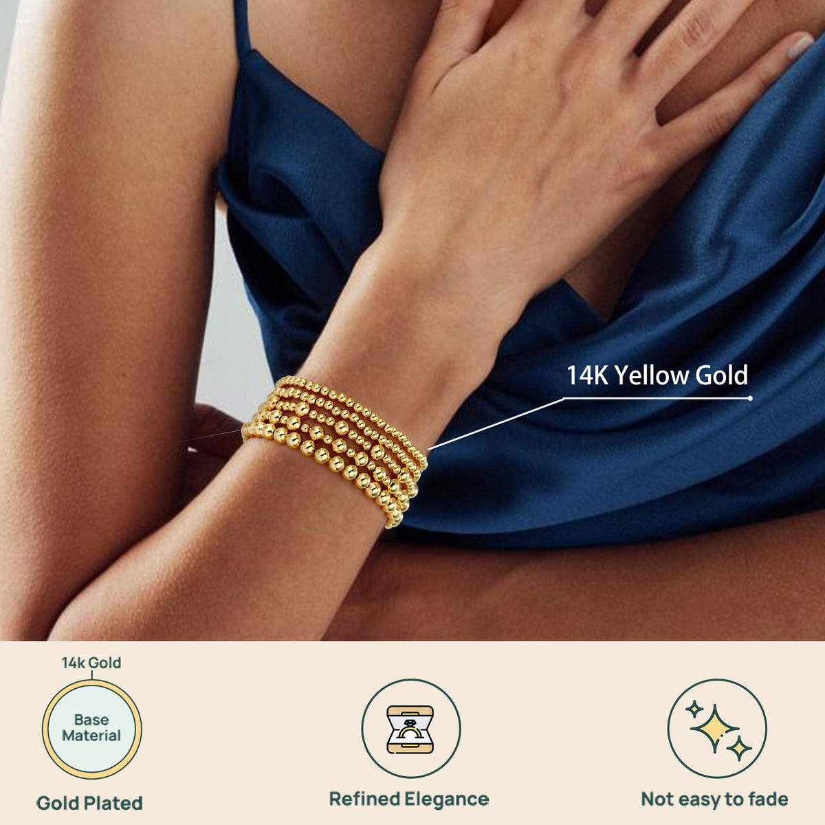adoyi Gold Bracelets for Women, 14K Gold Plated Beaded Stretch Bracelet Strand Bead Ball Bracelets stack Set Trendy Adjustable Non Tarnish Jewelry Sets for Womens Gifts