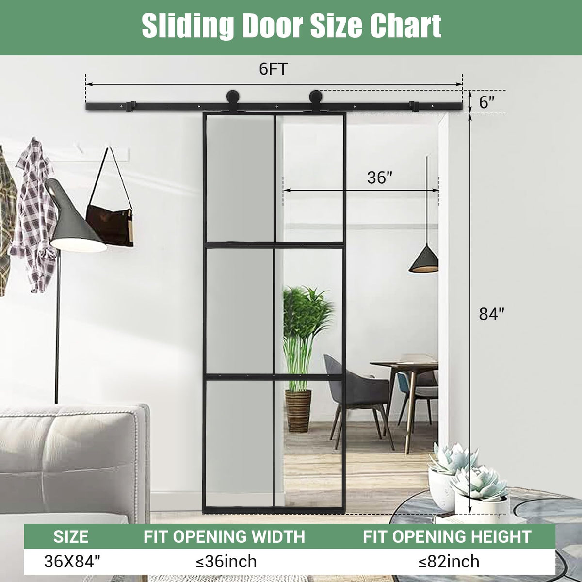 36 x 84" Glass Barn Door with 3-Panel Frosted Tempered Glass, 6 ft Top Mount Sliding Door Kit with Soft Close Mechanism,Black Carbon Steel Tempered Glass Sliding Door,Easy Assembly, Hardware Included